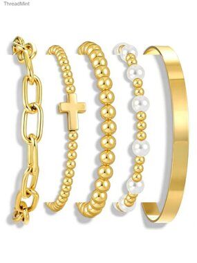 5 Pcs Dainty 14K Gold Plated Chunky Stretch Bead Ball Bracelet Stack for Women